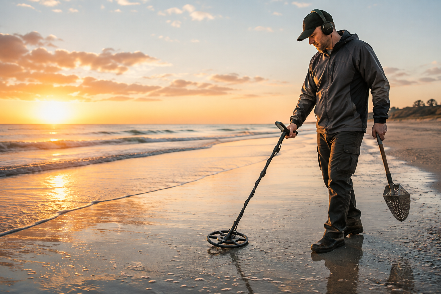 Detectorist searching wet sand at sunrise