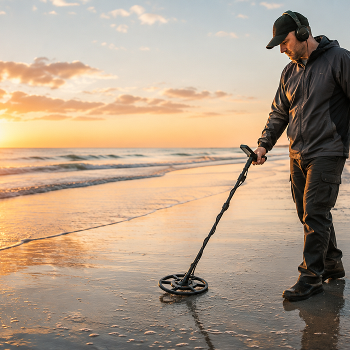Detectorist searching wet sand at sunrise