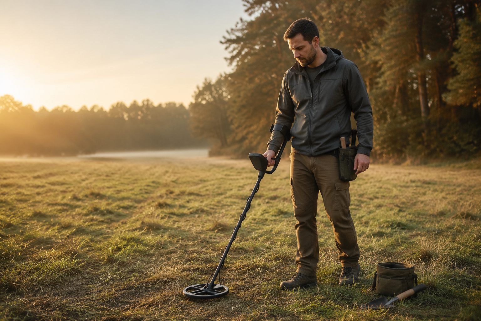 Beginner learning to use a metal detector in a field
