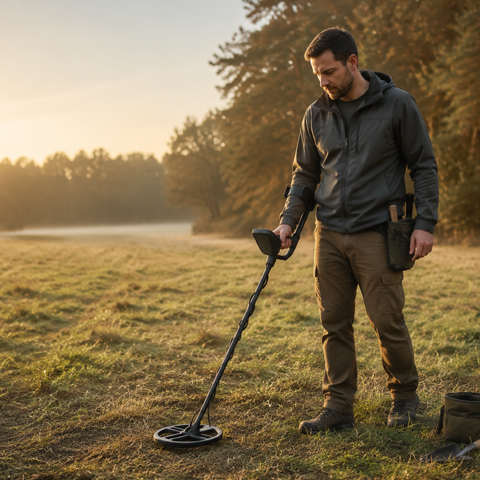 Beginner learning to use a metal detector in a field