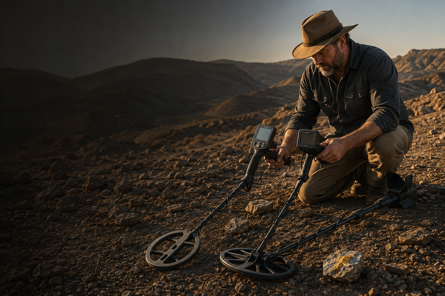 Prospector comparing two gold metal detectors in rocky terrain