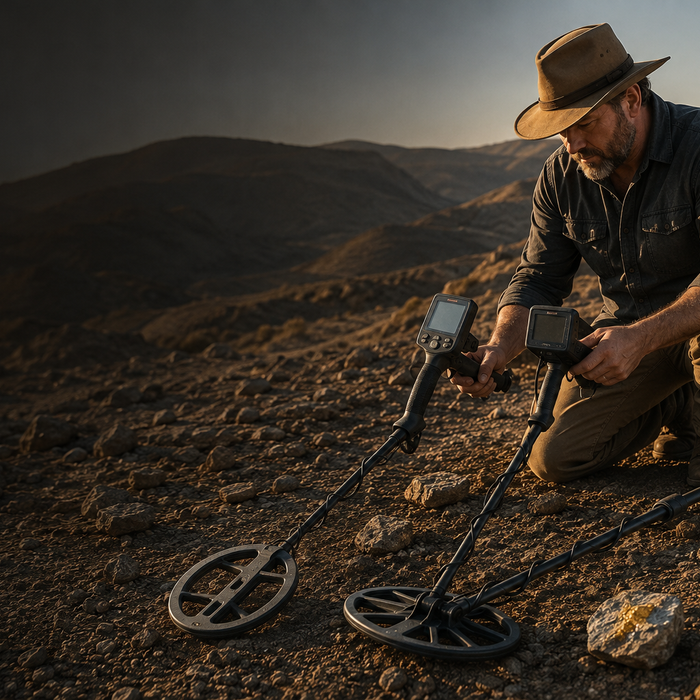 Prospector comparing two gold metal detectors in rocky terrain