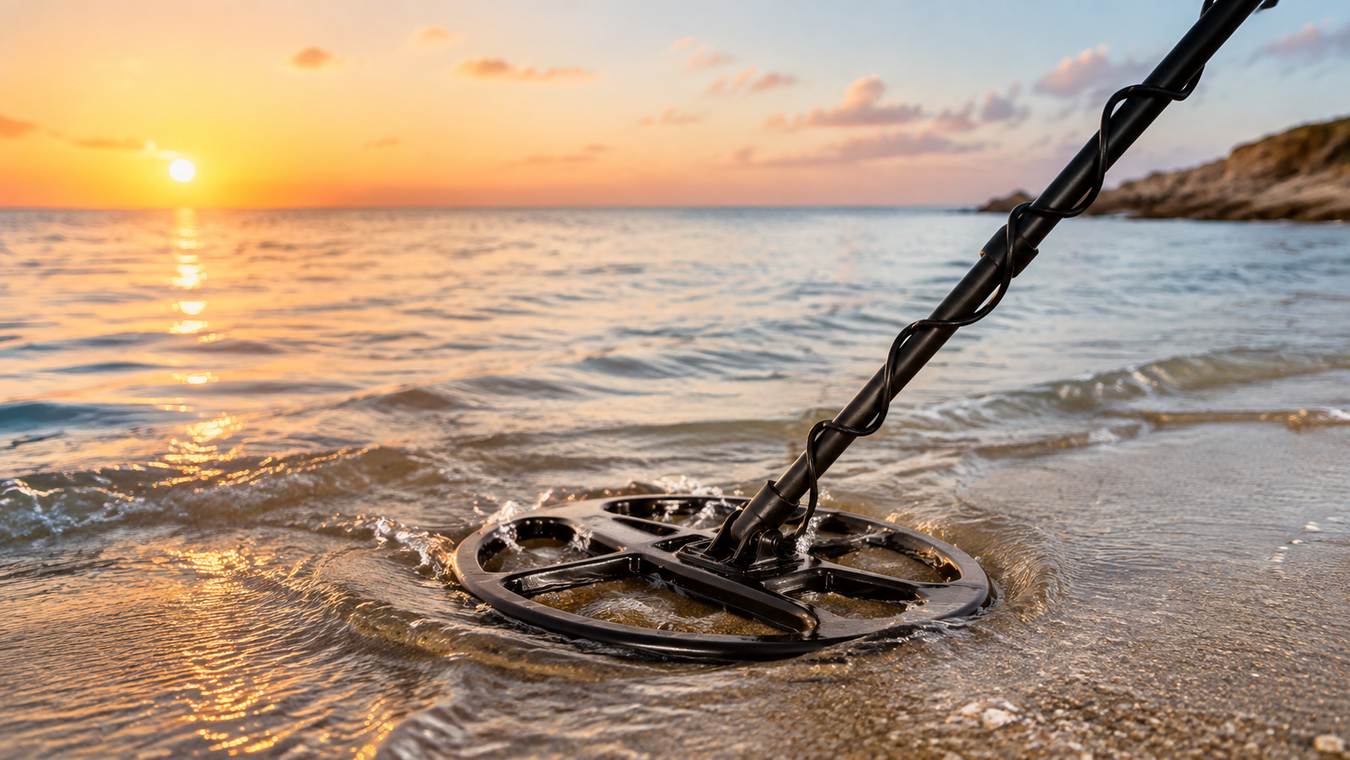 Waterproof metal detector coil sweeping through shallow seawater at sunset
