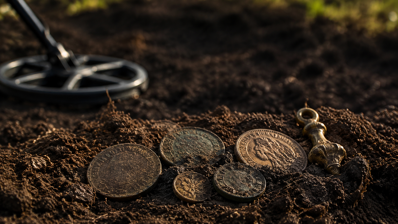 Old coins and a brass relic freshly unearthed in dark soil