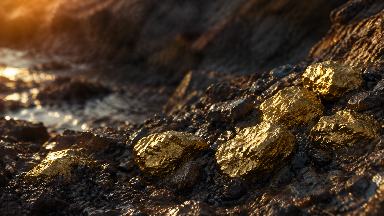 Natural gold nuggets in dark mineral-rich earth