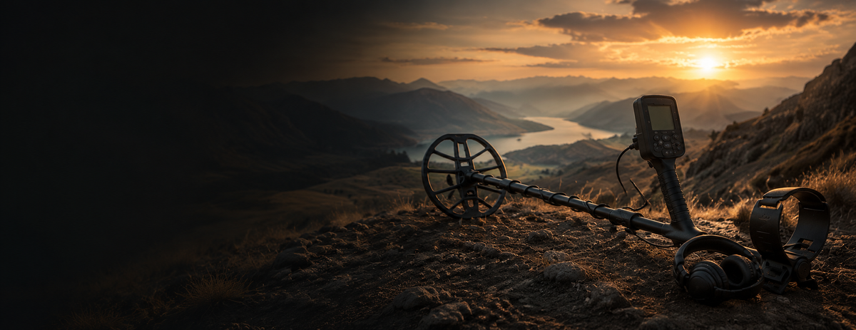 Professional metal detector and headphones on a mountain overlook at sunset